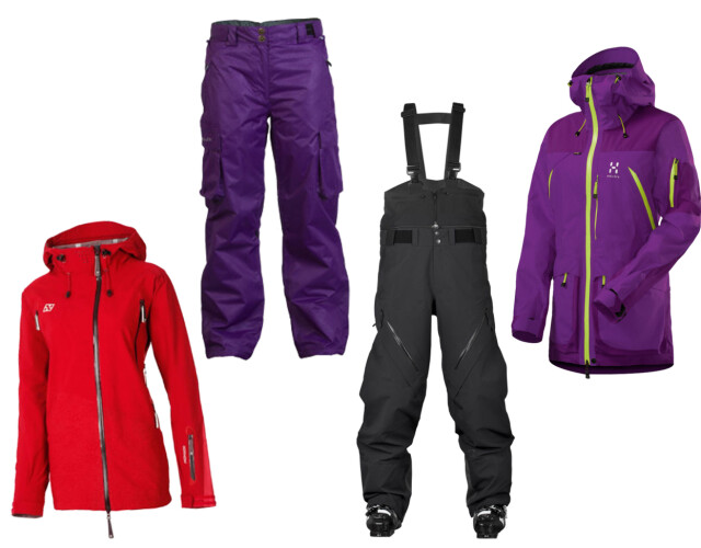 RIMELIGERE OG DYRERE: Norheim Heimre 3ply jakke (rød) er en 3-lags jakke med vannsøyle og pusteegenskaper (1999 kr, Gmax.no), og Missing Link (lilla) Nitro pants er vind og vannavstøtende (1299 kr, Gmax.no). Sweet Protection Voodoo pants er en 3-lags bukse med Gore-Tex og avtagbart selesystem (4999 kr, Antonsport.no), mens Haglöfs Vassi jacket er en frikjøringsjakke med DWR-behandlede overflater (5499 kr, Oslosportslager.no). Prisen kommer ofte veldig an på materialene plagget er laget i. Foto: Produsentene RIMELIGERE OG DYRERE: Norheim Heimre 3ply jakke (rød) er en 3-lags jakke med vannsøyle og pusteegenskaper (1999 kr, Gmax.no), og Missing Link (lilla) Nitro pants er vind og vannavstøtende (1299 kr, Gmax.no). Sweet Protection Voodoo pants er en 3-lags bukse med Gore-Tex og avtagbart selesystem (4999 kr, Antonsport.no), mens Haglöfs Vassi jacket er en frikjøringsjakke med DWR-behandlede overflater (5499 kr, Oslosportslager.no). Prisen kommer ofte veldig an på materialene plagget er laget i. Foto: Produsentene